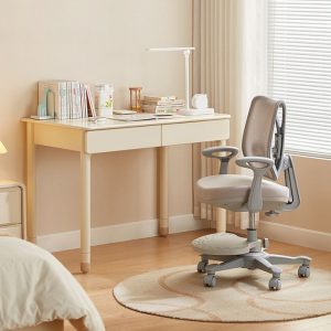 "Adaptable Height Timber Children Computer Desk with Chair, Ivory Top, and 2 Drawers"