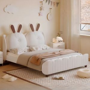 "Girl/ Woman+ Animals Timber Standard Children Bed in White with Headboard, Cotton and Panel"