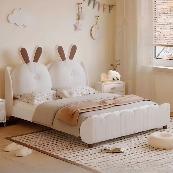 "Girl/ Woman+ Animals Timber Standard Children Bed in White with Headboard, Cotton and Panel"