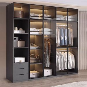 "Gray Wooden Children's Wardrobe with Multiple Shelves, Clothing Rod, and Door"
